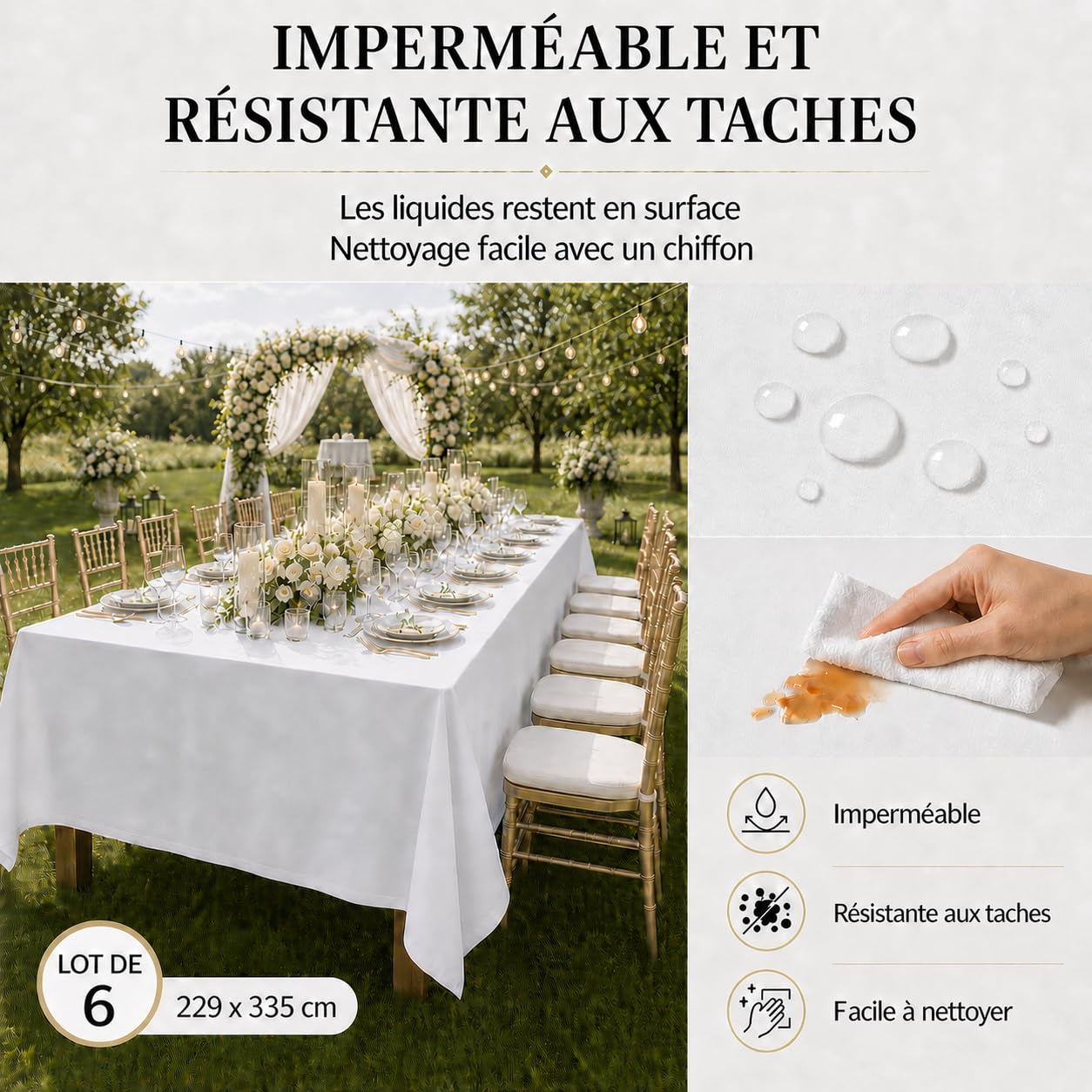 6 manteles rectangulares blancos de 229 x 335 cm, mantel de poliéster, manteles blancos para mesa rectangular impermeable, resistente a las manchas, lavable, en volumen, para bodas, buffet