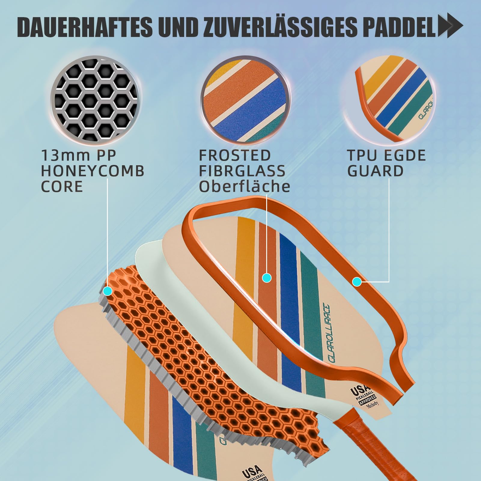 Pickleball Paddle Set mit 2 | 4 Fiberglas Fledermäusen, USAPA genehmigt, Pickleball Paddle, Fiberglas Oberfläche und PP Wabenkern, atmungsaktiver Griff, 4 Innen- und Außenbälle, 1 Tasche