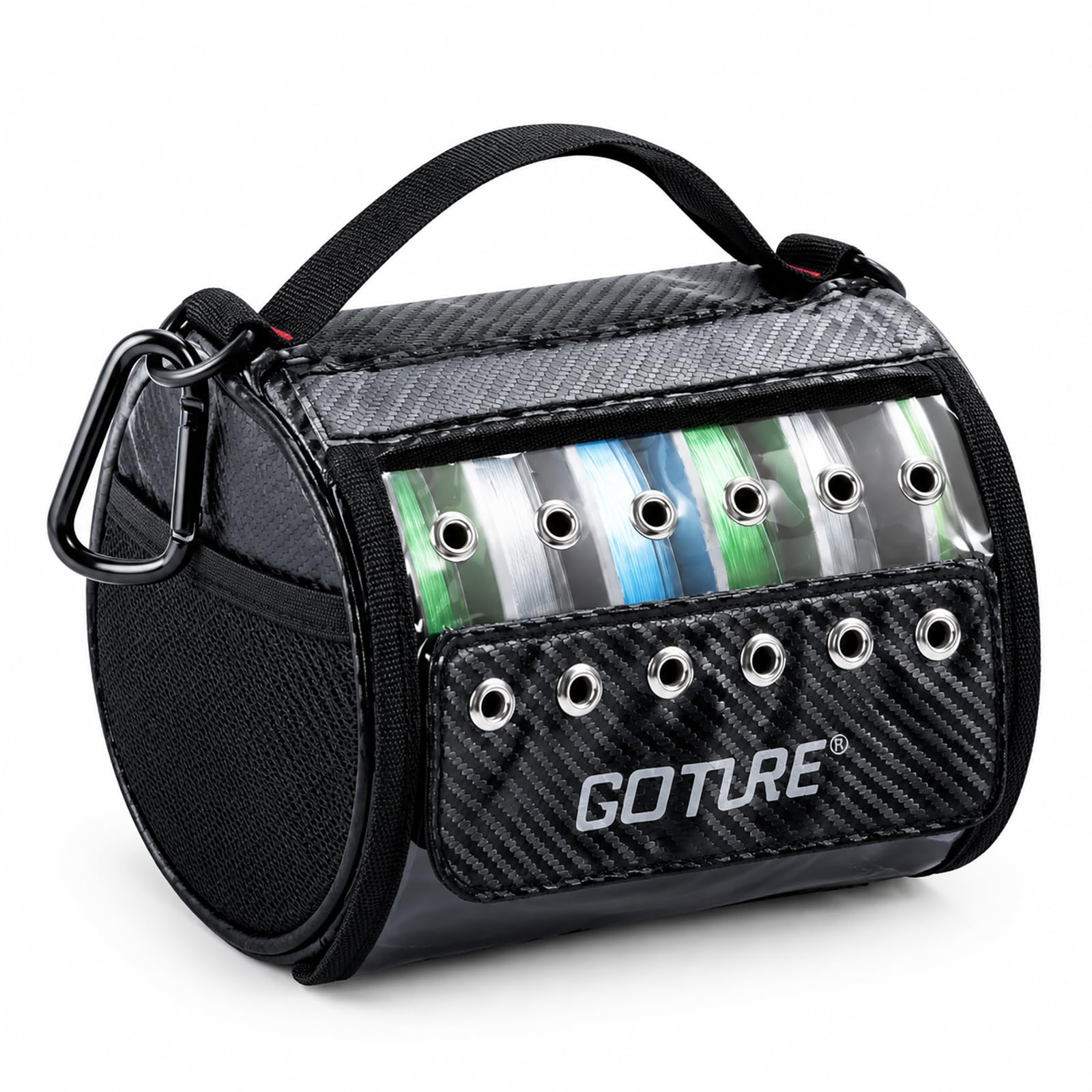 Goture 3/6 Outlet Holes Fishing Line Storage Bag, 2 Sizes Clear View Window Fishing Line Case, Removable Divider Fishing Line Organizer, Water-Resistant Surface, Tangle-Free Leader Line Spool Bag