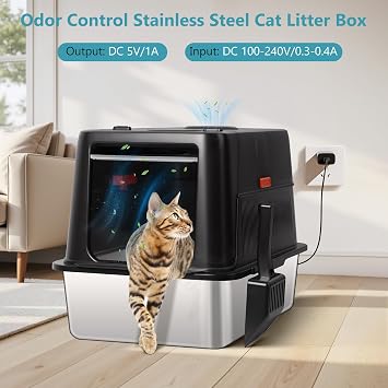 Smart Odor Control Stainless Steel Cat Litter Box, 135°Flip-Top XXL Metal Litter Box with Lid & Scoop, Enclosed High Sided Litter Pan for Big Cats, Non-Sticky, Easy to Clean (Black)