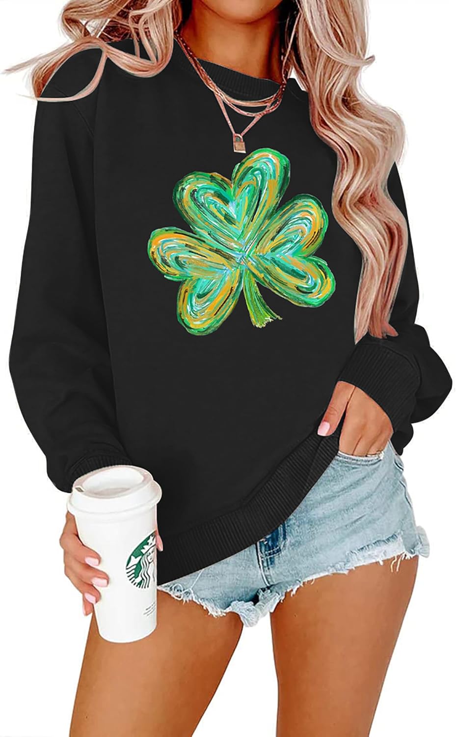 APRFLOWER Women St. Patrick's Day Sweatshirts Shamrock Clover Print Long Sleeve Shirts Casual Irish Gift Pullover Tops