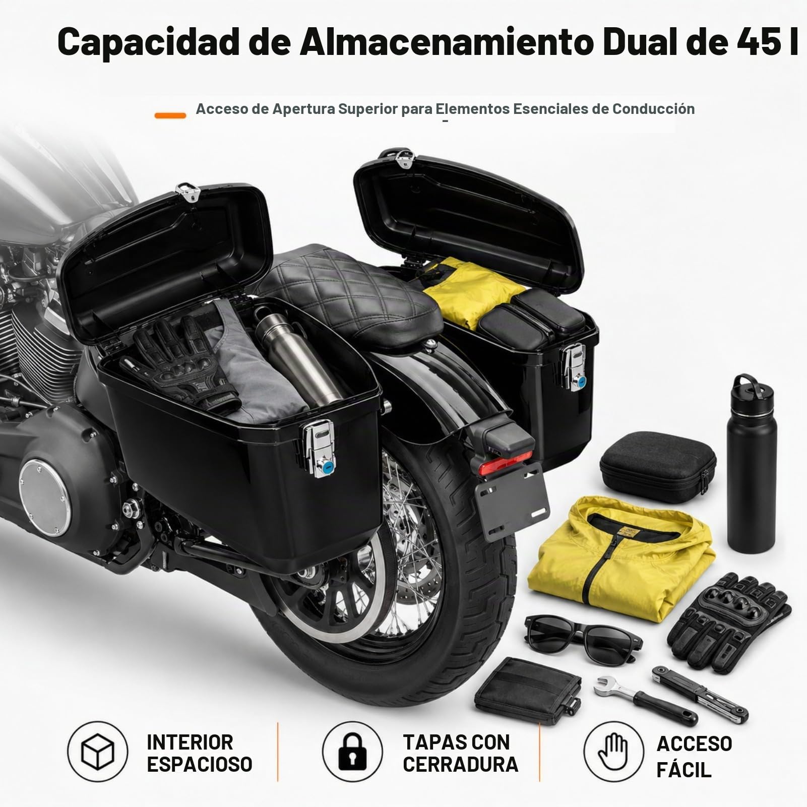 Maleta Lateral para Motocicleta de 45 litros con Kit de Montaje | Alforjas Duras ABS con Cerradura para Ajuste Universal Cruiser