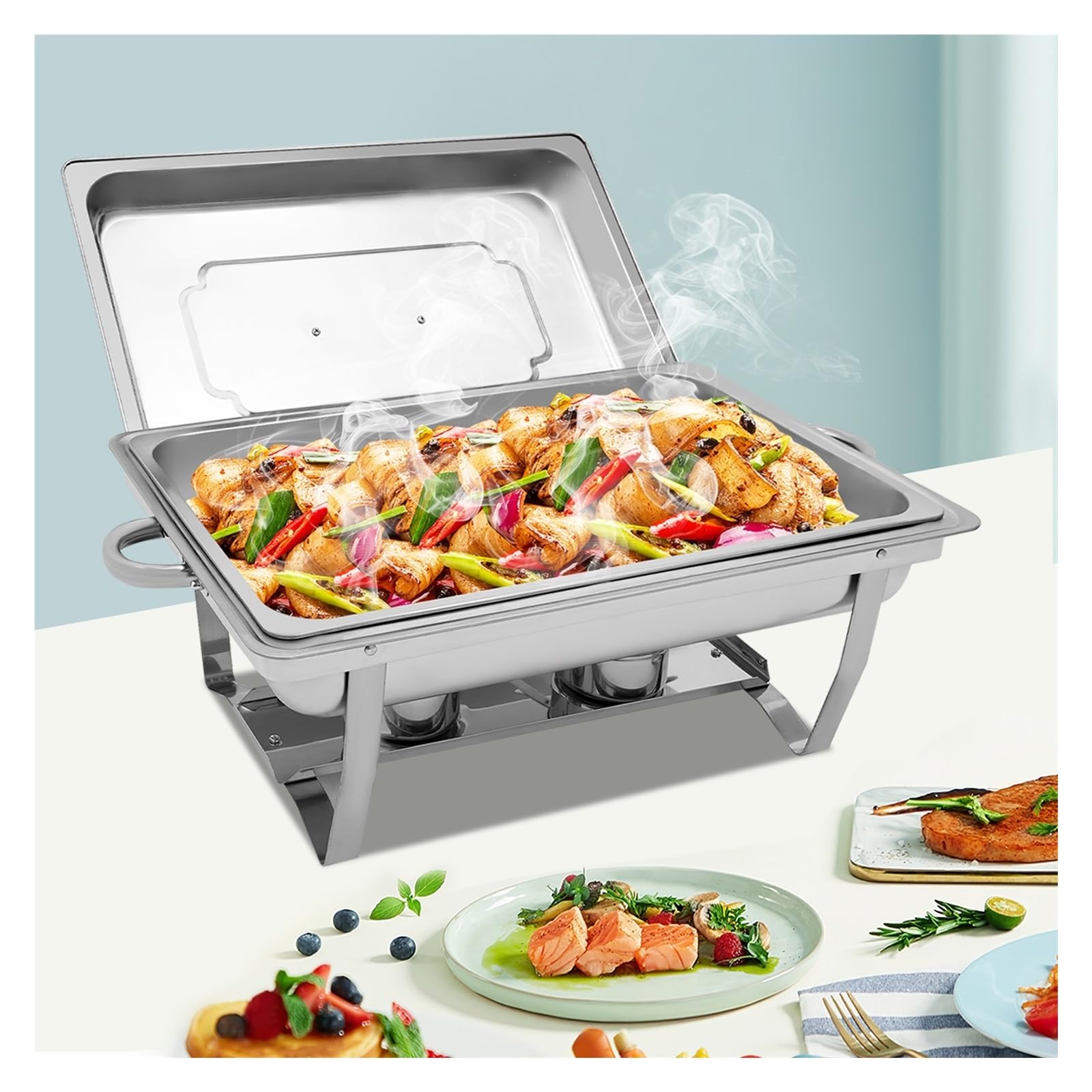 Juego De Buffet Chafing Dish Acero Inoxidable 9L, Calentador Alimentos Rectangular con Tapa For Catering Fiesta Bodas, Plata Calor Duradero