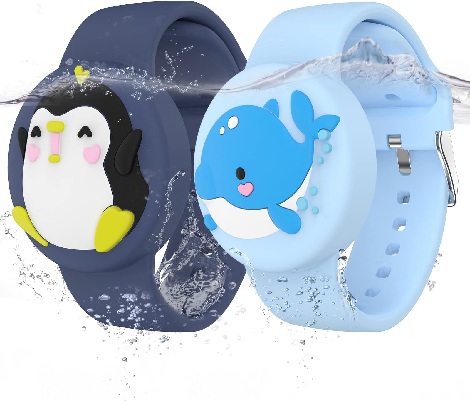 Waterproof Air tag Bracelets for Kids (2 Pack) - Soft Silicone Hidden Air tag Wristband - Lightweight GPS Tracker Holder Compatible with Apple Airtag Watch Band for Child (Penguin & Whale)