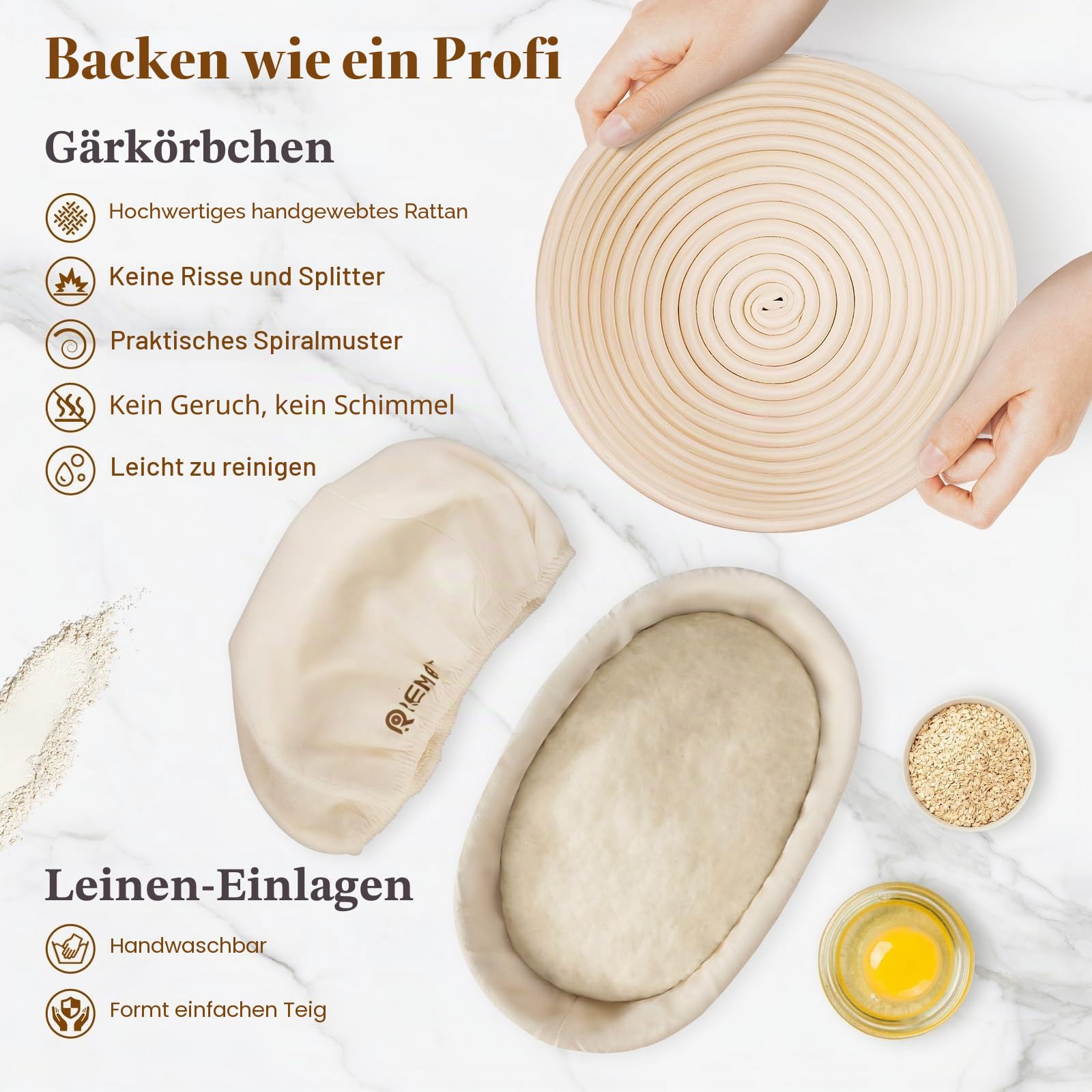 Banneton-Brot-Gärkorb, Sauerteigbrot-Backzubehör, Sauerteig-Starter-Set mit 23 cm runden und 25 cm ovalen Körben, Schlinge, Brotlamelle, Gärdeckel, Teigbesen