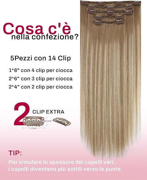Moresoo Extension Clip Capelli Veri Balayage 50cm 80g 7 Pezzi Marrone Chiaro e Biondo Medio #8/22/8 Lisci per Donna - 3