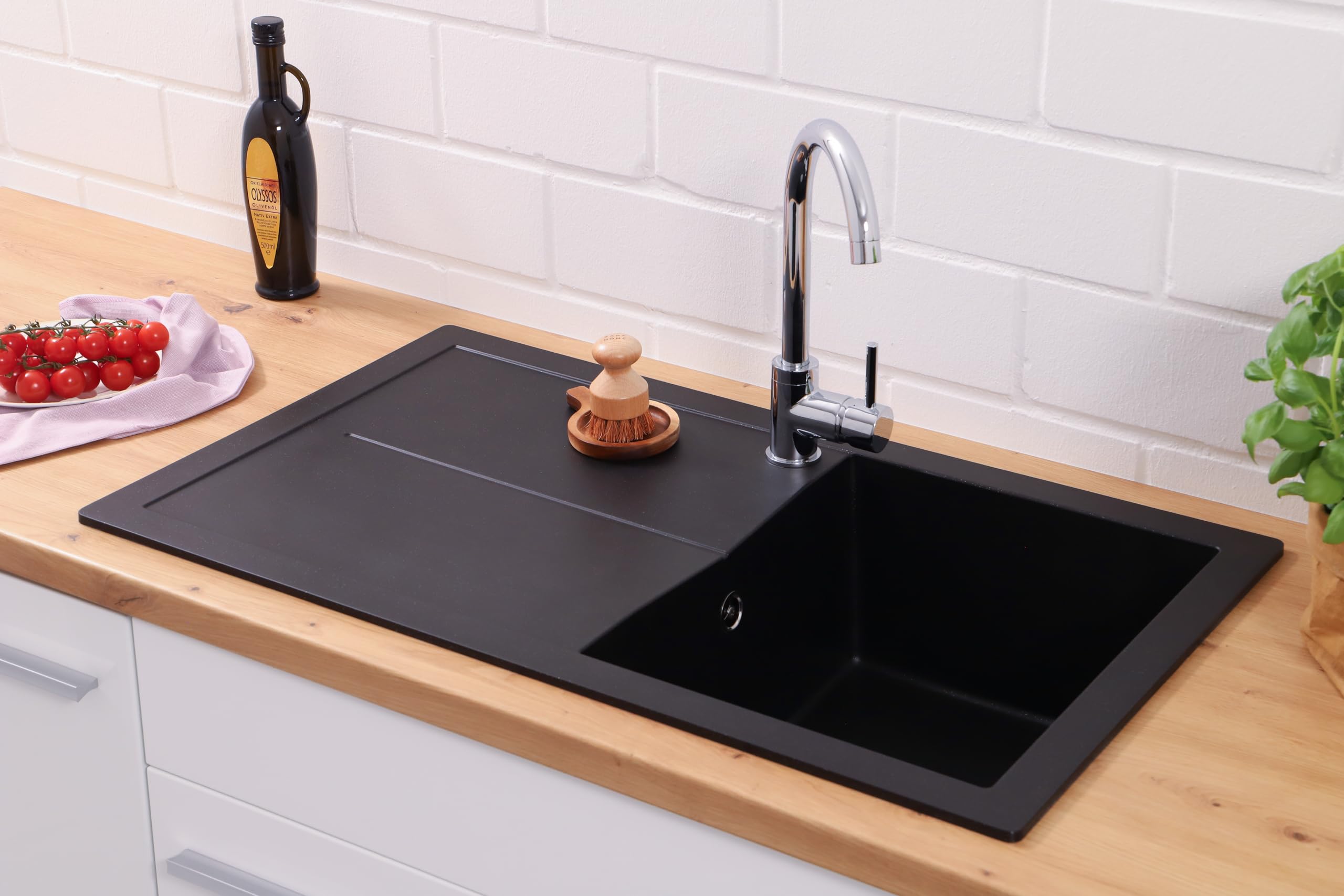 Respekta Cleveland Lavello in Mineralite nero/Lavello da incasso a 1 vasca da 86 x 50 cm/Lavello adatto a basi da 50 cm di larghezza