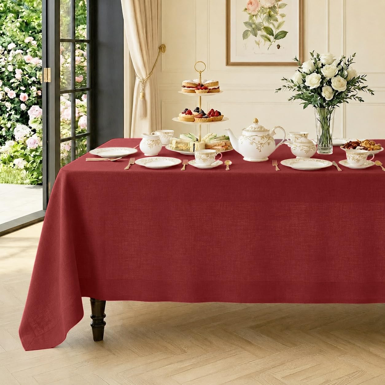 Classic Linen™ by D'Moksha Red Tablecloth, Dining Tablecloth 150 x 300 cm, 100% Pure Linen, Machine Washable, Long Table Cloth- Summer