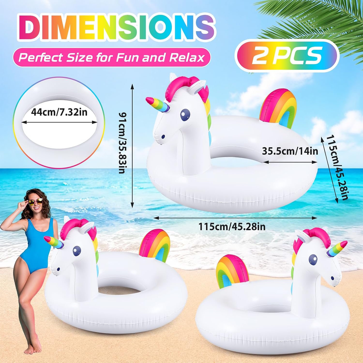 2 Pack Giant Unicorn Pool Floats 45'' Inflatable White Rainbow Unicorn Pool Float Swimming Inflatable Raft for Adults Summer Beach Party Decors Supplies