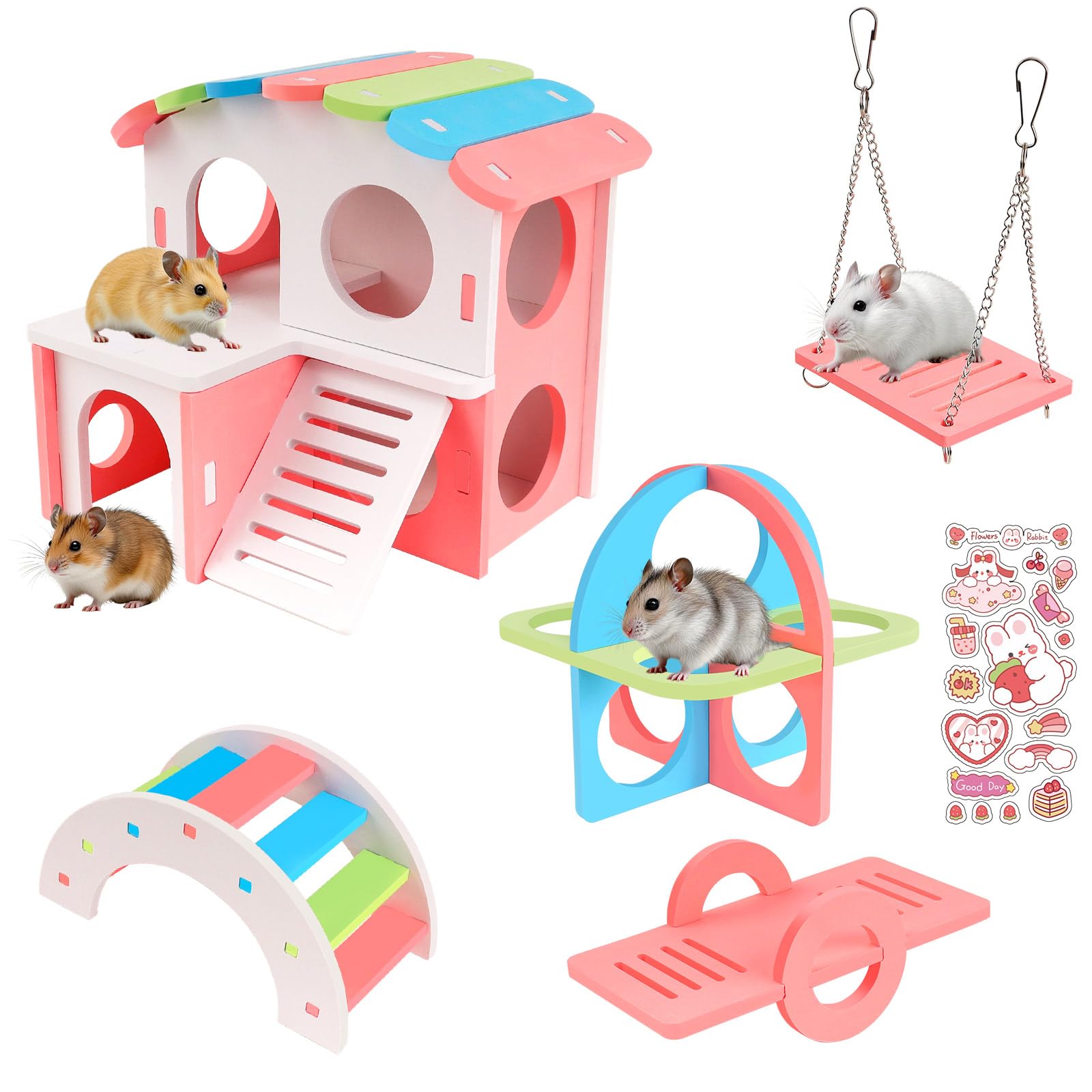 IRRVIN 6点セット ハムスター ハウス おもちゃ ハムスター 家 ハムスター おもちゃ PVC かわいい 小屋 取り付け簡単 面白い ハムスター 遊び場 遊び道具 ステッカー付き ストレス解消 運動不足解消 小動物用品