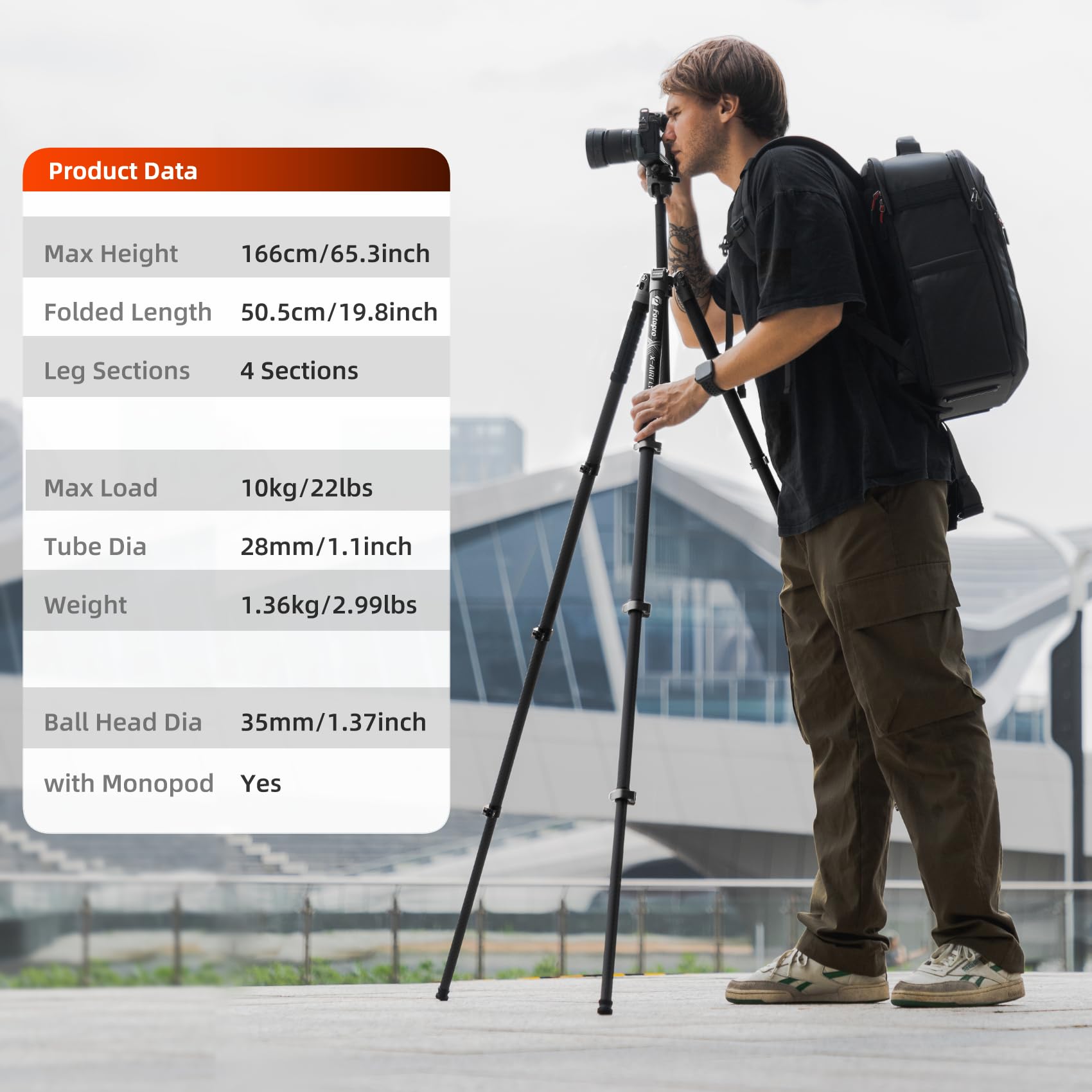 Fotopro X-AIRFLY Max Trípode de fibra de carbono de 65.4 pulgadas con bloqueo abatible, trípode de fotografía sin esfuerzo, monopié, ligero, estable, expandible, 3 libras, trípode portátil para cámara