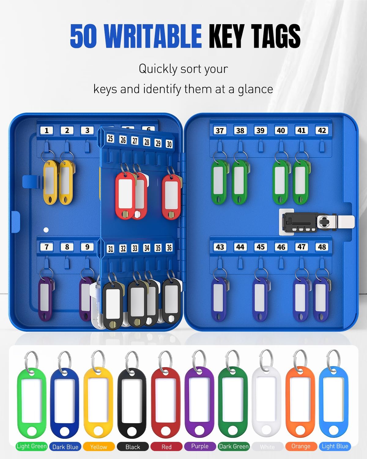 Uniclife 48 Keys Lock Box for Keys with Code, Wall Mount Key Lock Box with Code, Lockbox for Keys, Key Lockbox with Tags, Key Cabinet, Key Storage Box for Home Office & Company, Blue