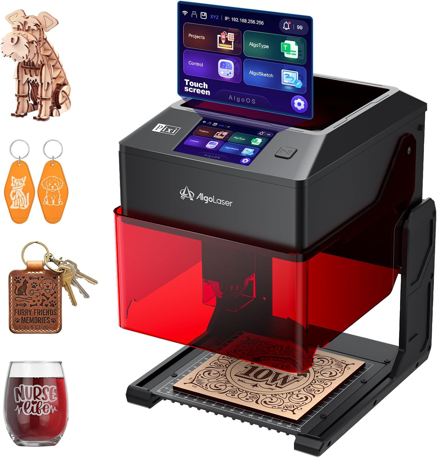 AlgoLaser Pixi Smart Laser Engraver - 10W Portable Laser Engraver Machine with 3.5" Touchscreen & AlgoOS System & APP - Laser Engraving for Wood, Acrylic, Glass, Beginner & DIY Gift & Small Business