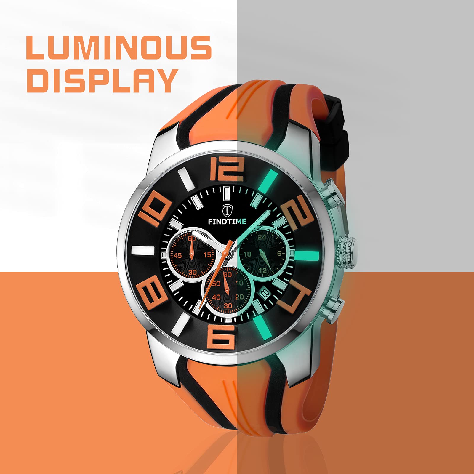 findtime Montre de sport pour homme - Chronographe militaire - Analogique - Quartz - Silicone - Grand chiffres - Date - Minuteur - Rouge