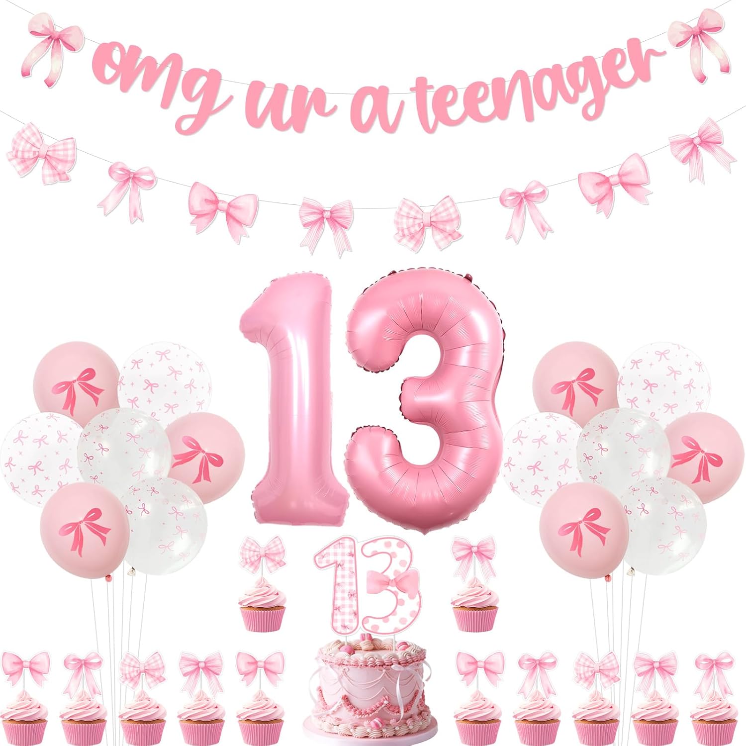 13th Birthday Decorations for Girls Pink Bow Omg Ur A Teenager Banner Bow Party Garland Cheers To 13 Bownkot Party Decorations Happy 13th Birthday Cake Topper Balloons for Teenager Bday