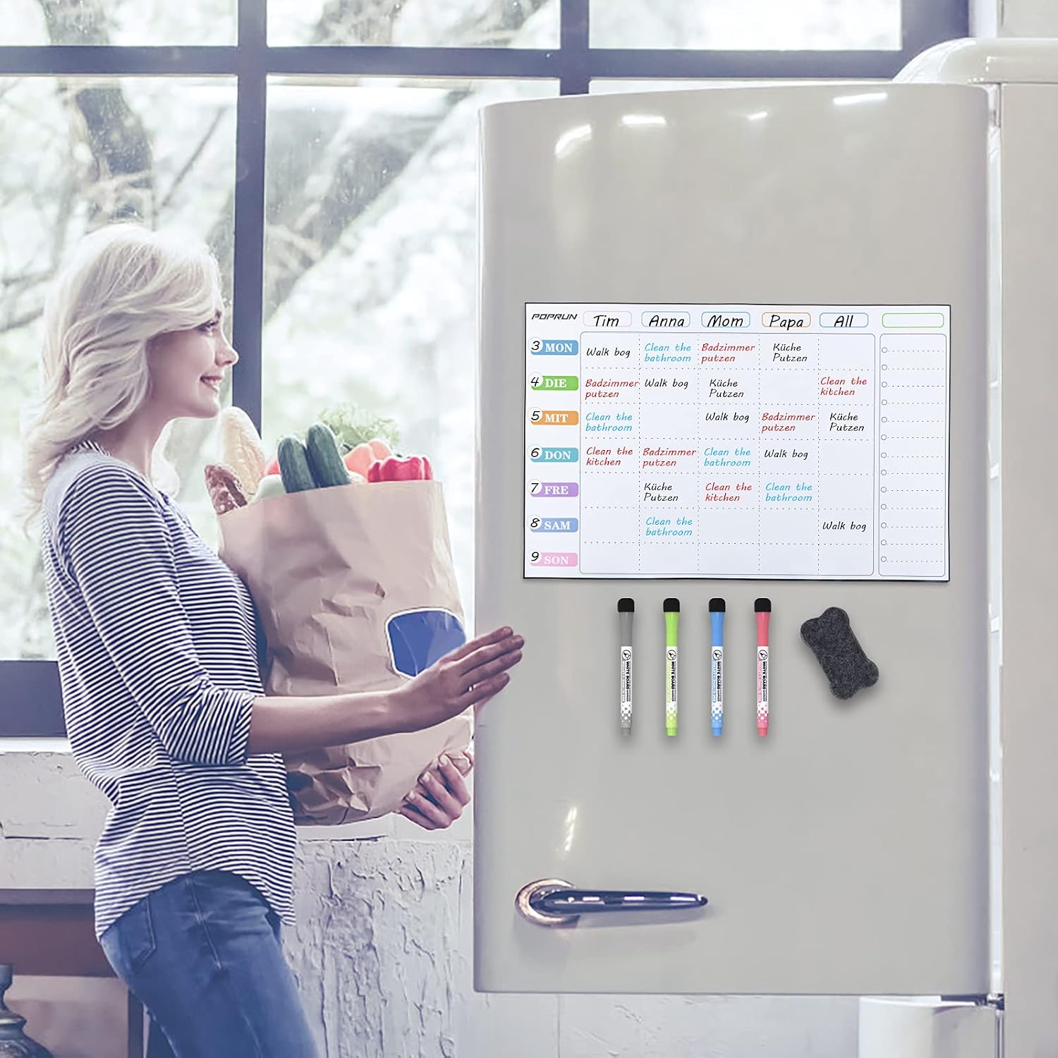 POPRUN Magnetic Weekly Family Planner Whiteboard Calendar for Fridge A3 Meal Planner Board,Chores Chart for Family and Kids Fridge Calendar Monday to Sunday - Image 3