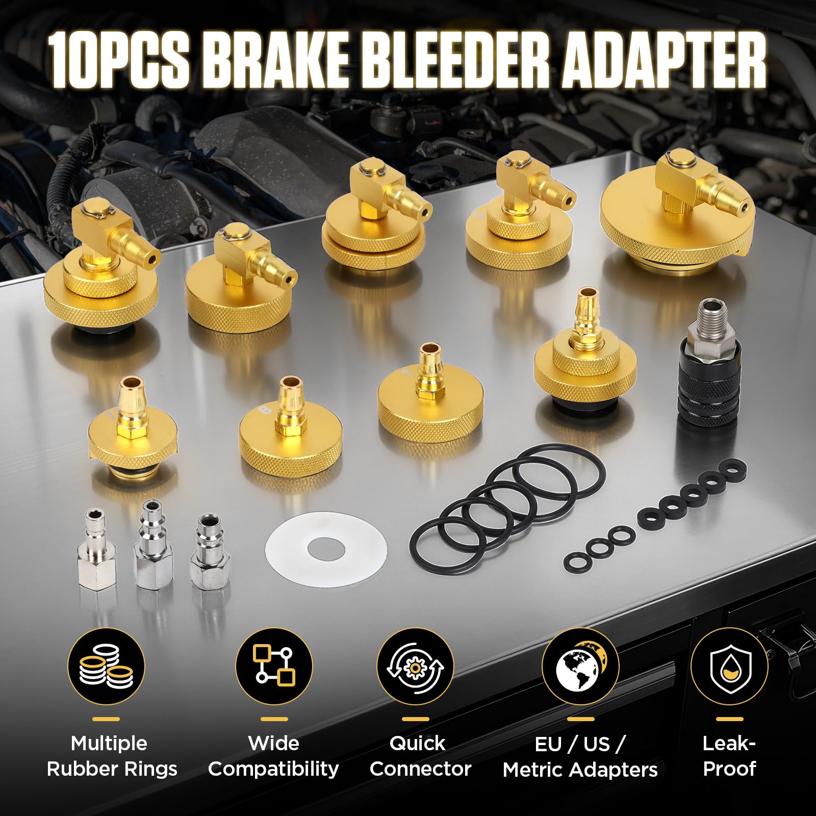 MRCARTOOL Set di 10 adattatori per spurgo freni auto per cilindro principale F118/F109 con 9 spurgatori freno e 1 attacco rapido, set di attrezzi per spurgo impianto frenante per Ford Mazda Honda