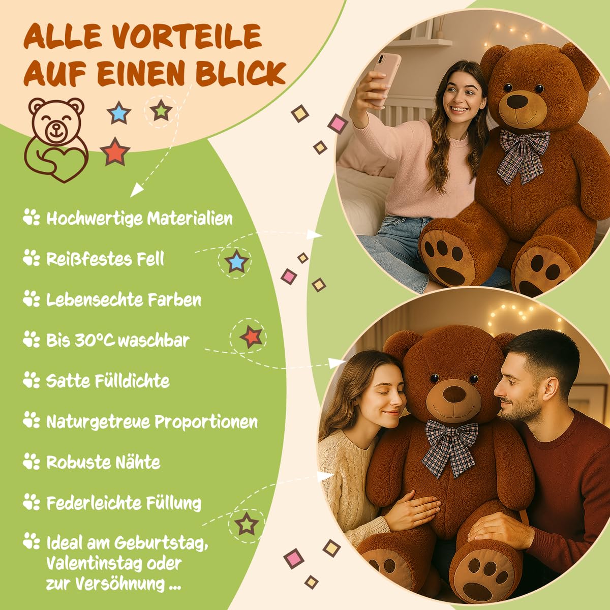 Monzana® Teddybär L - XXXL 50-175cm Weiches Fell Schleife Tatzendruck Geschenk Plüschtier Kuscheltier Stofftier Riesen Teddy Bär