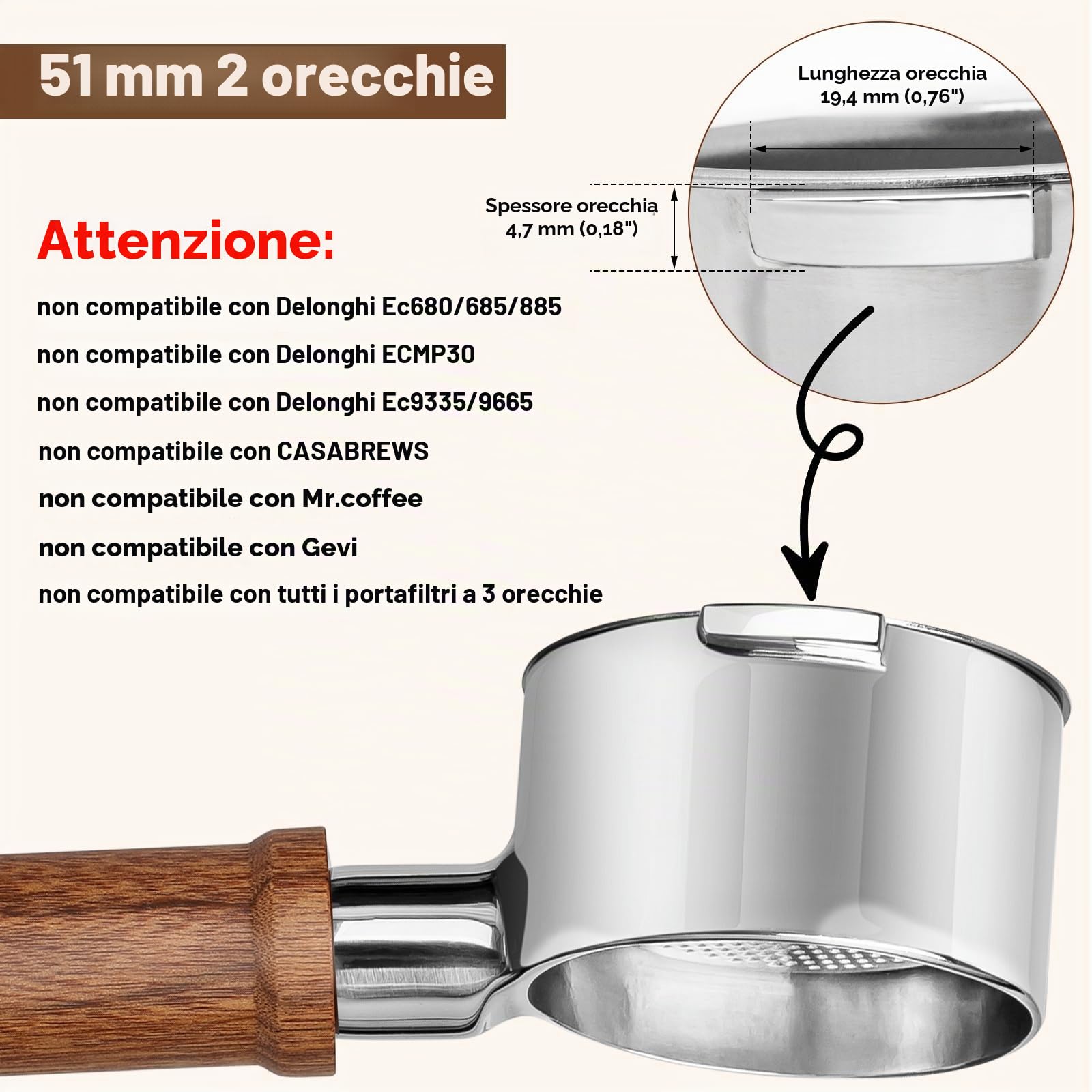 DeLonghi ECP3420/EC155/BCO430/EC260 - Portafiltro senza fondo da 51 mm, con schermo a disco e cestello filtro in 100% acciaio inossidabile, manico in noce