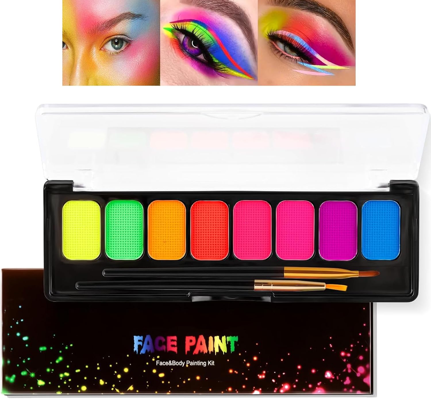 Neon Face Paint Palette, 8 kleuren water geactiveerd UV Glow bodypainting kleuren voor theatermake-up, duurzame in water oplosbare fluorescerende liner make-up, gezicht lichaamsverf met kwast voor