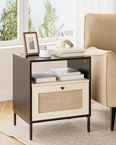 Miniatura 9 de Mesita de noche extragrande de ratán, mesa auxiliar moderna de madera estilo bohemio con cajón de almacenamiento y estante abierto, mesa auxiliar