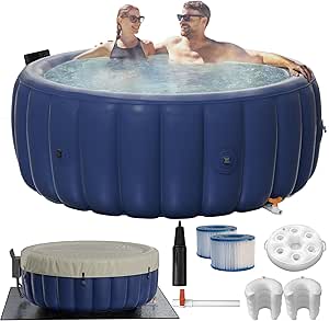 Blue 73"x28" Inflatable Hot Tub for 2-4 Persons | Portable Outdoor Spa with 146 Adjustable Bubble Jets, LED Mood Lights, Smart Touch Panel, Cover & Accessories (2 Headrests, Cup Holder)