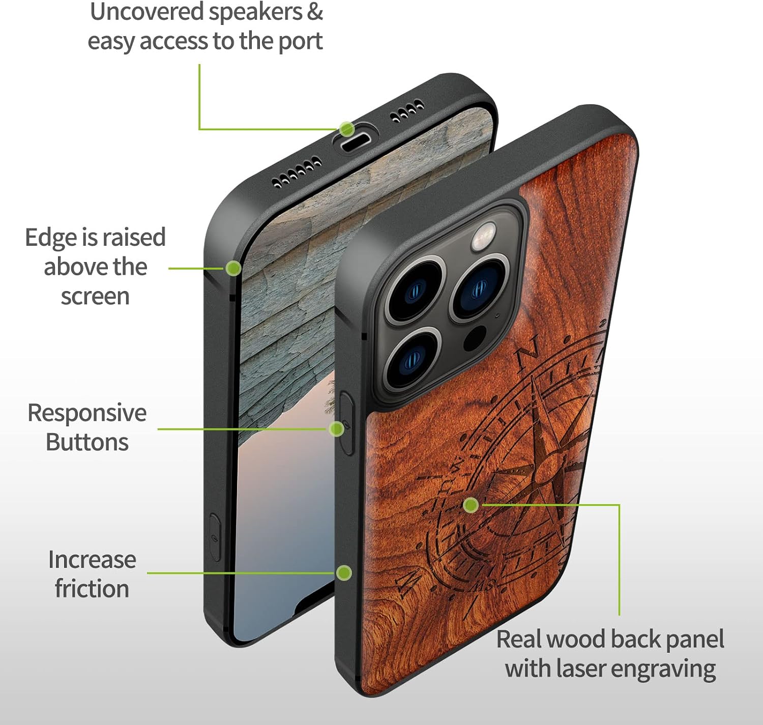 Carveit Magnetic Wood Case for iPhone 13 Pro Case [Hard Real Wood & Soft TPU] Unique & Classy Wooden Shockproof Hybrid Protective Cover Compatible with MagSafe (Vintage Compass-Rosy)