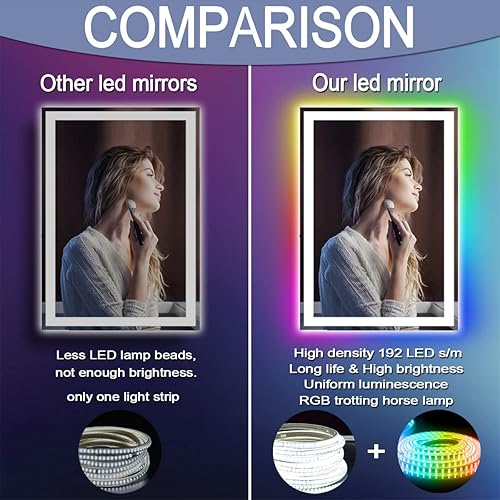 Miniatura 6 de Espejo de baño LED cuadrado de 30 x 20 pulgadas con luces delanteras, 3 colores + retroiluminación RGB arco iris, espejo iluminado para baño, espejo