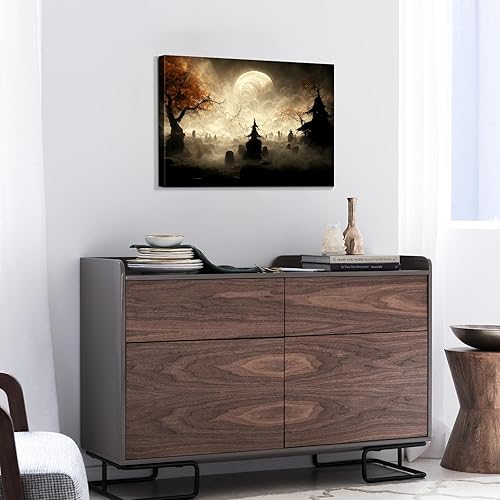 Miniatura 126 de Denozer Lienzo decorativo para pared de Halloween, castillo de terror de 32 x 24 pulgadas, decoración de pared de luna, decoración de otoño de Obra
