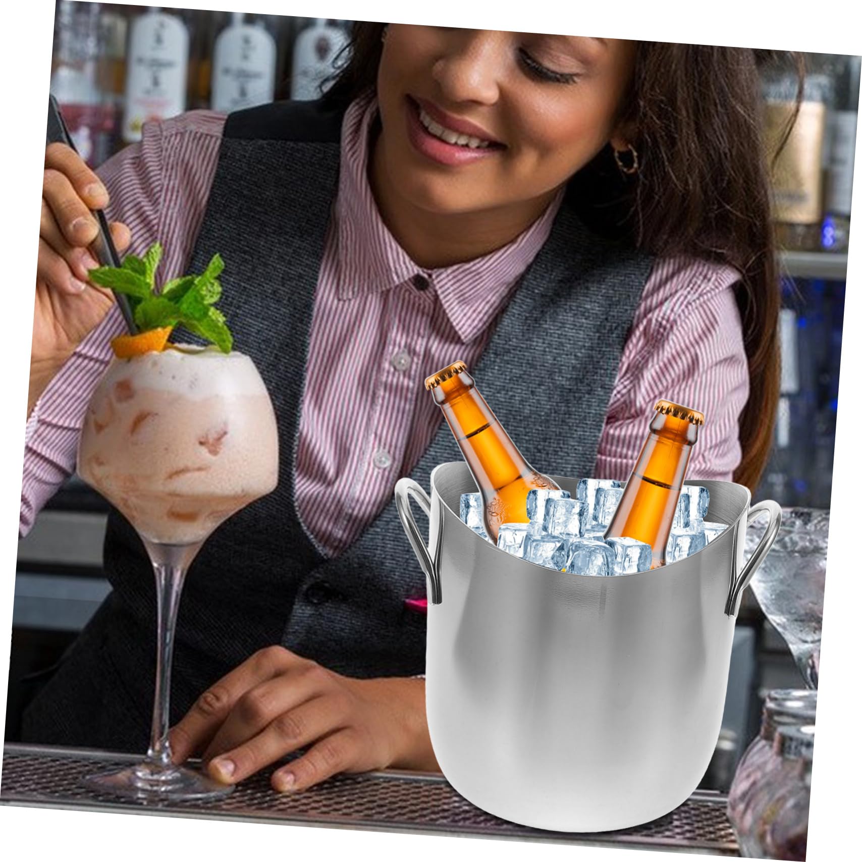 Cubitera De Acero Inoxidable Doble Asas para Hielo y Bebidas para Fiestas Hoteles y Bares Resistente y Fácil De Limpiar Capacidad Amplia para Eventos