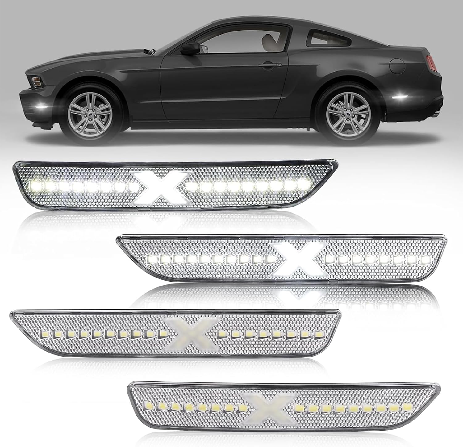 LED Side Marker Lights for Ford Mustang 2010-2014,Front & Rear Fender Bumper Side Marker Reflectors Lamps, Xstyle Beam[Patent Pending] Spirit Snake Series Red Amber Lights Clear Lens 4 pcs