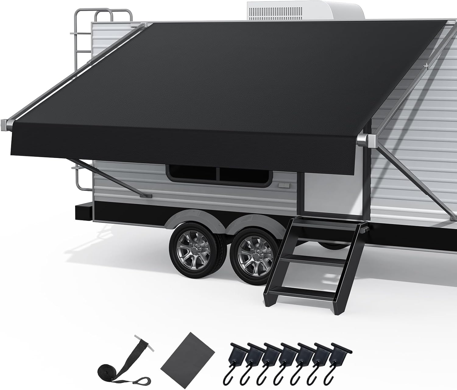 RV Awning Fabric Replacement, Upgraded 19oz Heavy Duty Material, Outdoor Vinyl Canopy for Trailer and Motorhome Awning- 16'(Fabric 15'2"), Black