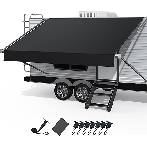 RV Awning Fabric Replacement, Upgraded 19oz Heavy Duty Material, Outdoor Vinyl Canopy for Trailer and Motorhome Awning- 18.5'(Fabric 17'2"), Black