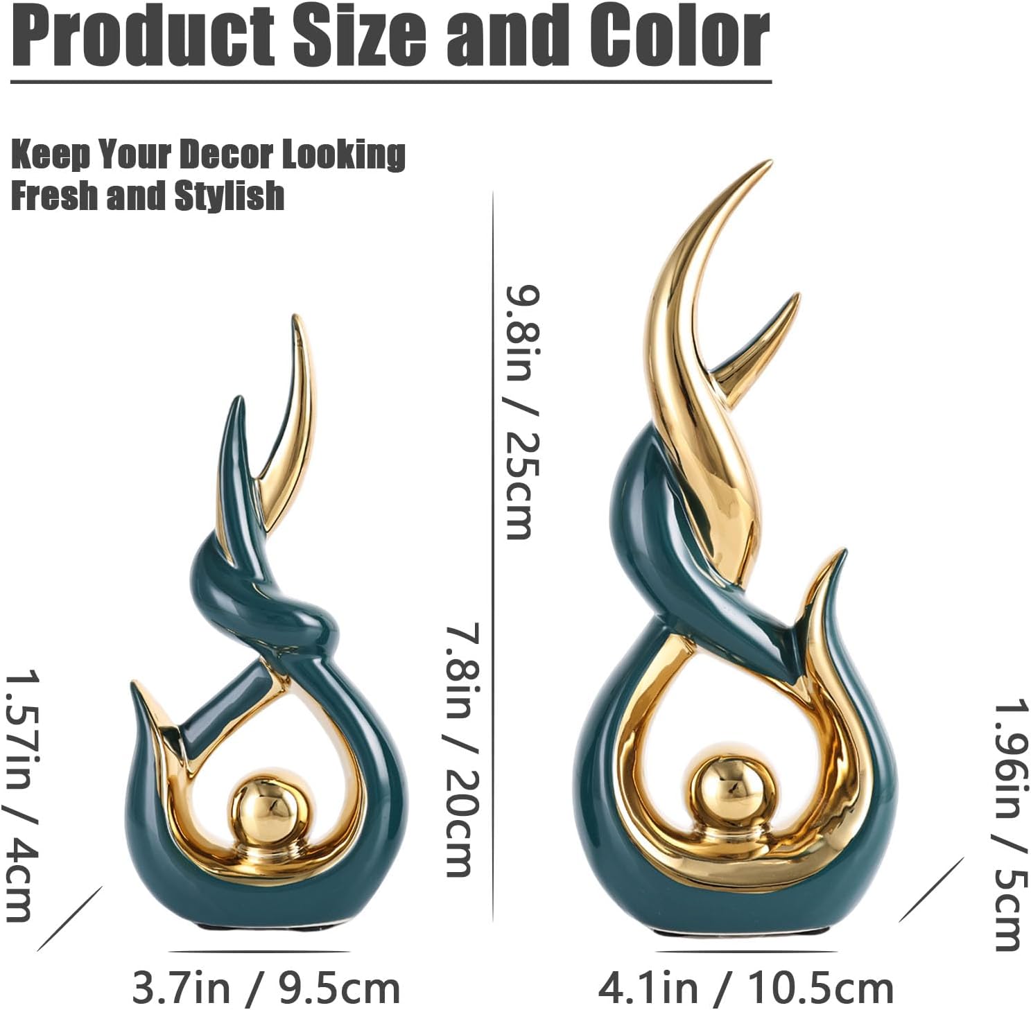 Teal Gold Ceramic Abstract 2 Piece Statue Set,Mid Century Modern Abstract Art Home Decor Statue Mantelpiece on Unique Shelf Decor, TV Cabinet Divider Table top and Dining Table Centerpiece (Green)