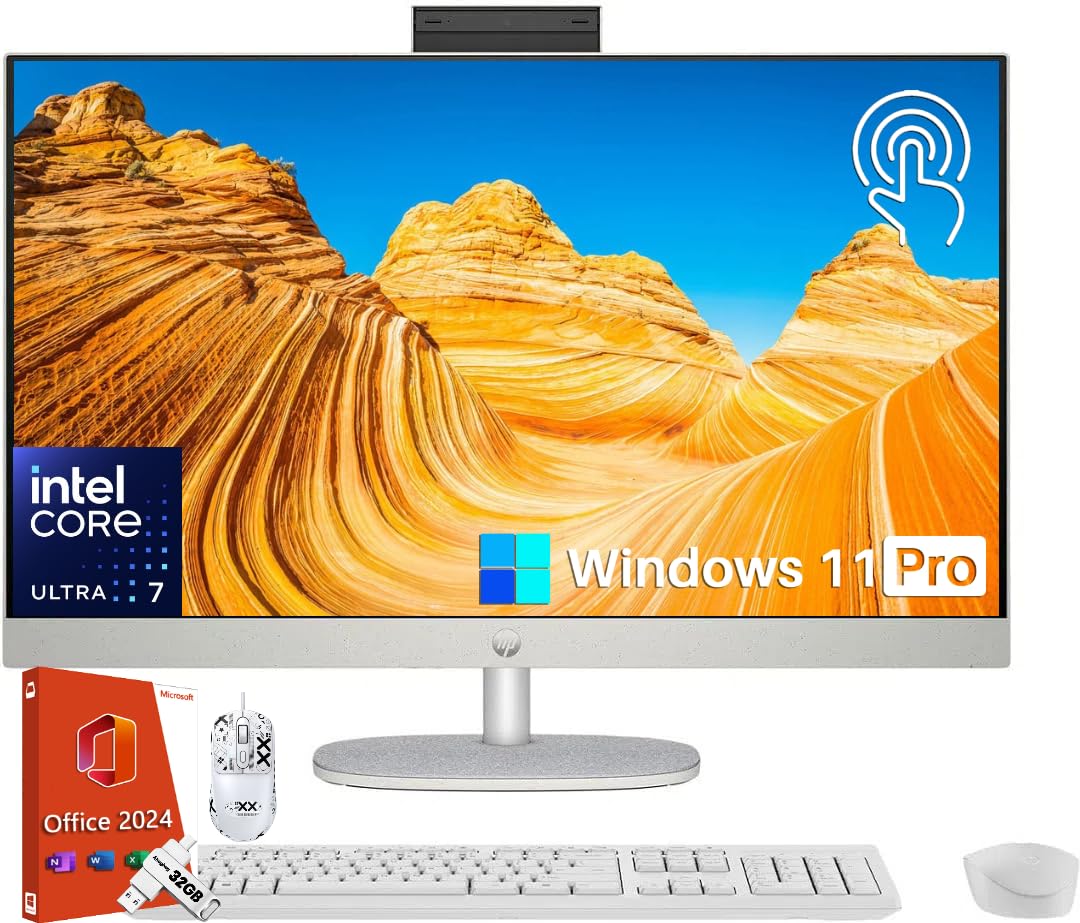 HP All in One Desktop Computer 27 Inch Touchscreen, Intel 12-core Ultra 7 155U (Up to 4.8 GHz), 16GB DDR5, 1TB SSD, Wi-Fi 6, Windows 11 Pro &amp; MS Office Pro 2024 Lifetime License, Patented Mouse