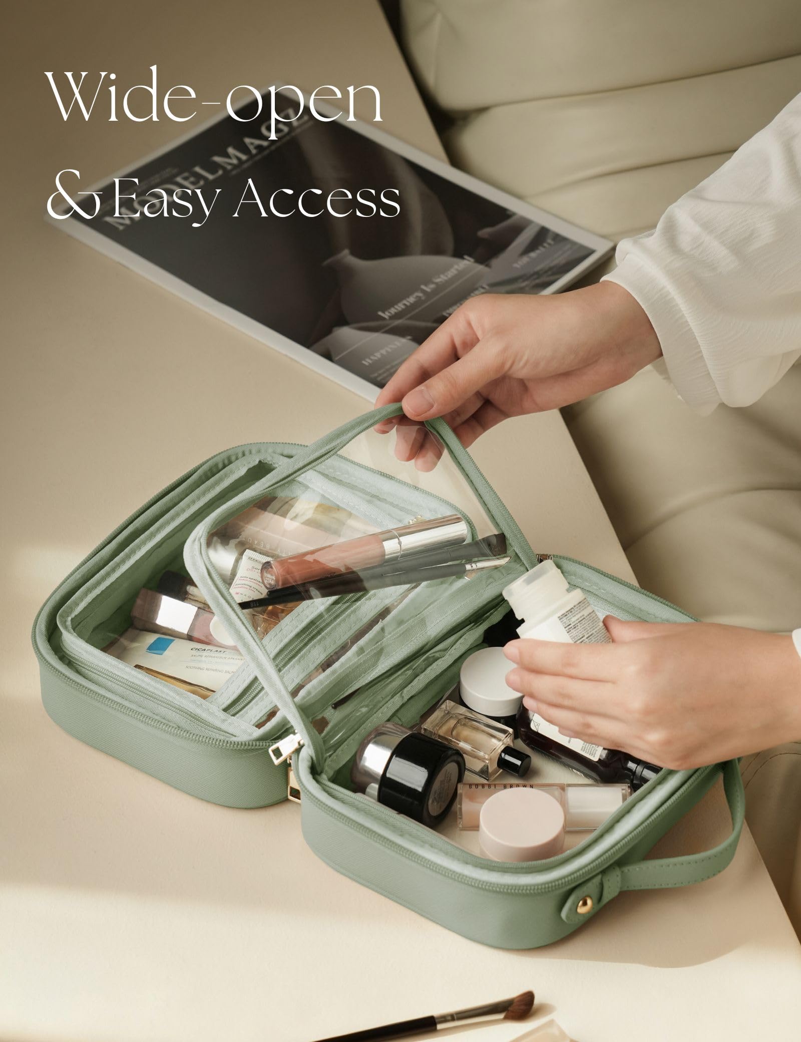 Borsa cosmetica trasparente a doppio strato, borsa da viaggio trasparente con 4 scomparti, borsa da viaggio trasparente per articoli da toeletta, grande borsa da toilette per donna, Verde salvia