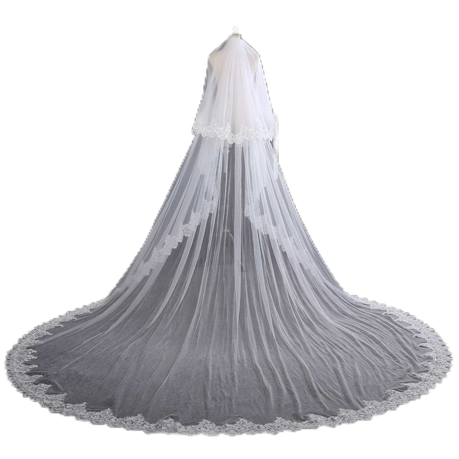 Hochzeit Schleier 3M Langer doppellagiger Kathedralen-Brautschleier, Spitzen-Pailletten-Brautschleier mit Kamm für HochzeitsaccessoiresEllenbogenlänge