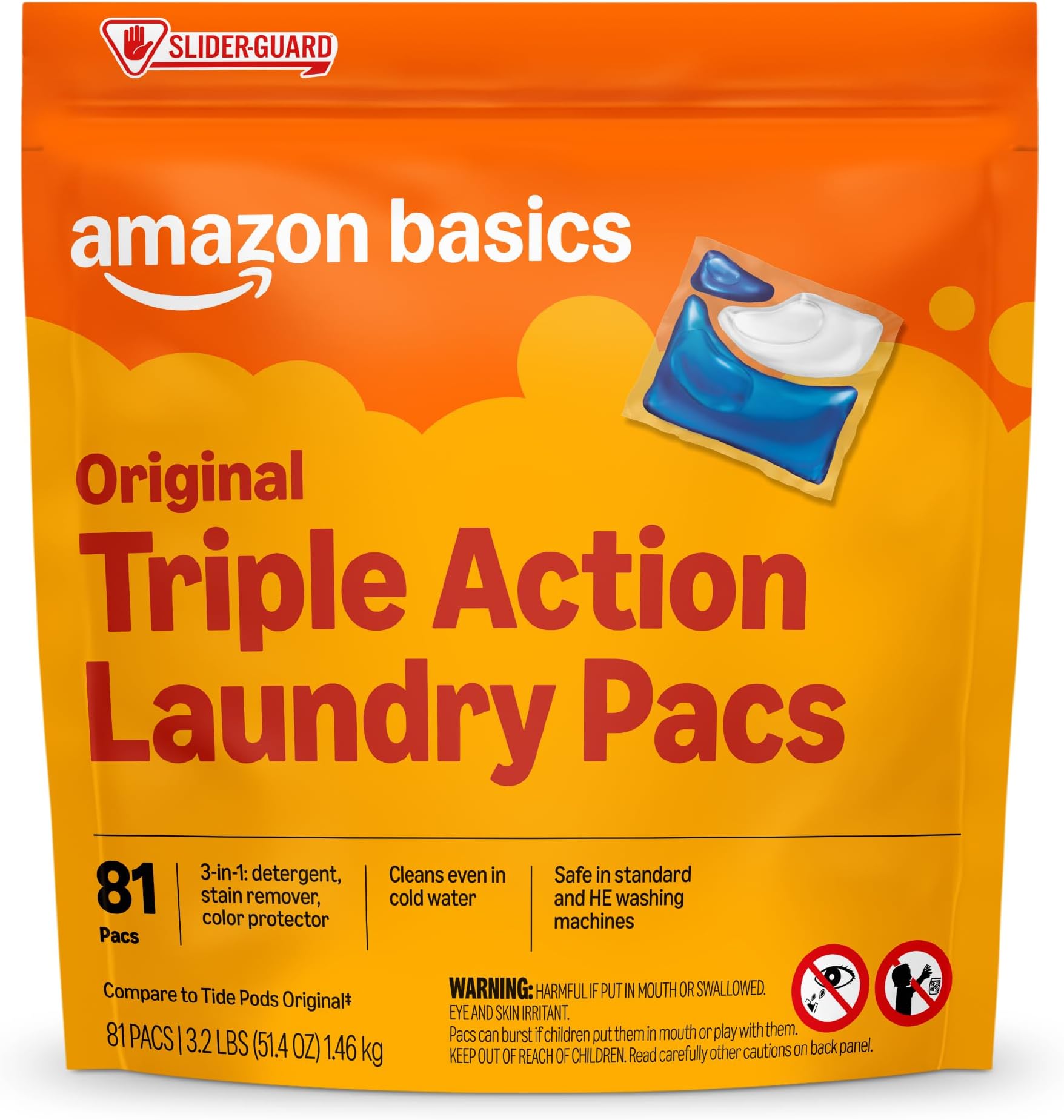 Laundry Detergent Pacs, Original Scent, 3-in-1 Triple Action Formula, Stain Remover, Color Protector, Works in All Temperatures, HE Compatible, 81 Count