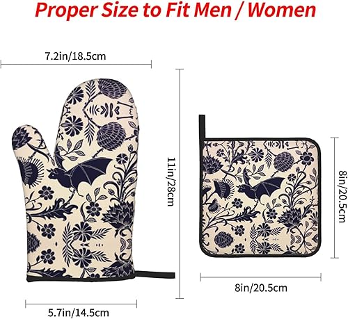 Miniatura 10 de NELife Juego de 4 guantes de horno y agarraderas de damasco con calavera negra gótica victoriana, almohadillas calientes resistentes con guantes de