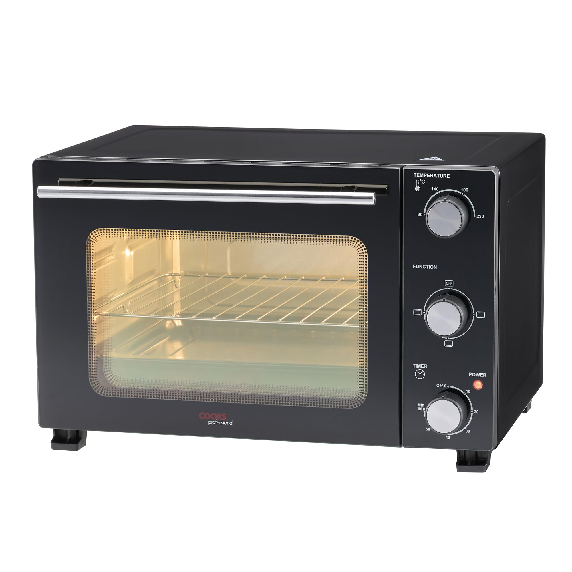Cooks Professional Mini Portable Oven | Electric Multi Function Countertop Cooker | 28L Capacity | Adjustable Temperature Control & Timer | 1500W | Includes Roasting Dish & Wire Rack | Black & Silver