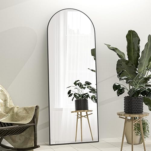 Miniatura 2 de Espejo de longitud completa, espejo de arco de 56 x 16 pulgadas con soporte, espejo arqueado negro de cuerpo completo de pie o inclinado para