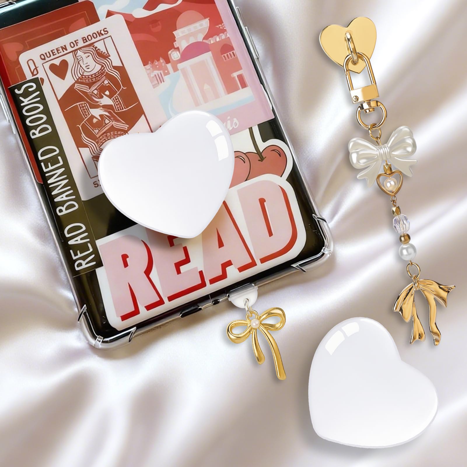 AIERSA Cute Charms Set for Kindle,Including Dust Plug Charm Type C/USB C,Heart Grip Holder, Keychains with Hook for Kindle Accessories,Compatible for Kindle Paperwhite 11th 12th Generation-White