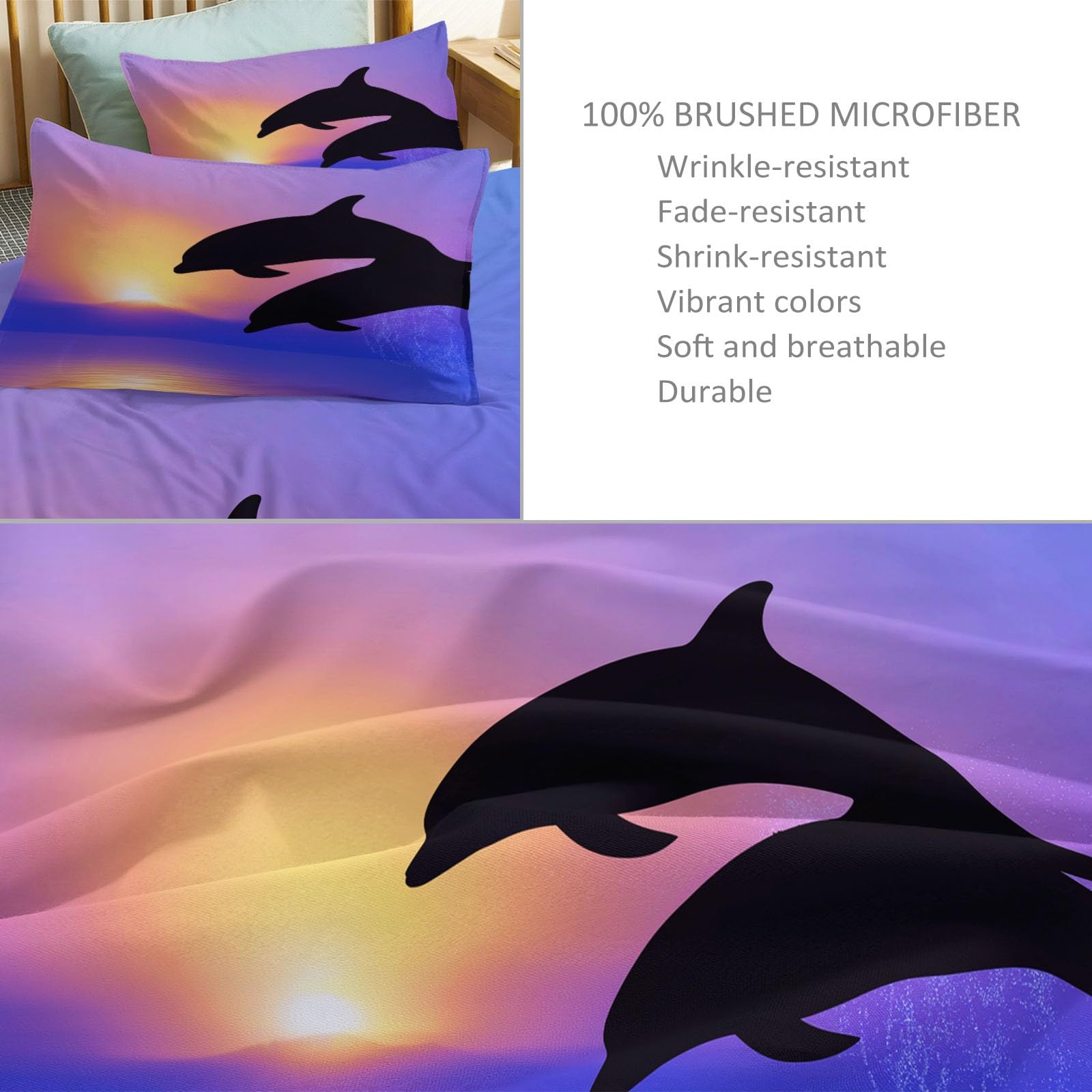 Generisch Miękka pościel 240 x 220 cm, 3-częściowy zestaw pościeli niebiesko-fioletowej z 2 poszewkami na poduszkę 80 x 80 cm – zwierzęta, delfiny, minimalistyczny zestaw pościeli oceanicznej dla