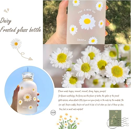 Miniatura 4 de Milk Juice - Lindas botellas de agua estéticas lindas para mujeres, botella de agua portátil de vidrio esmerilado Kawaii Little Daisy con popote y 2