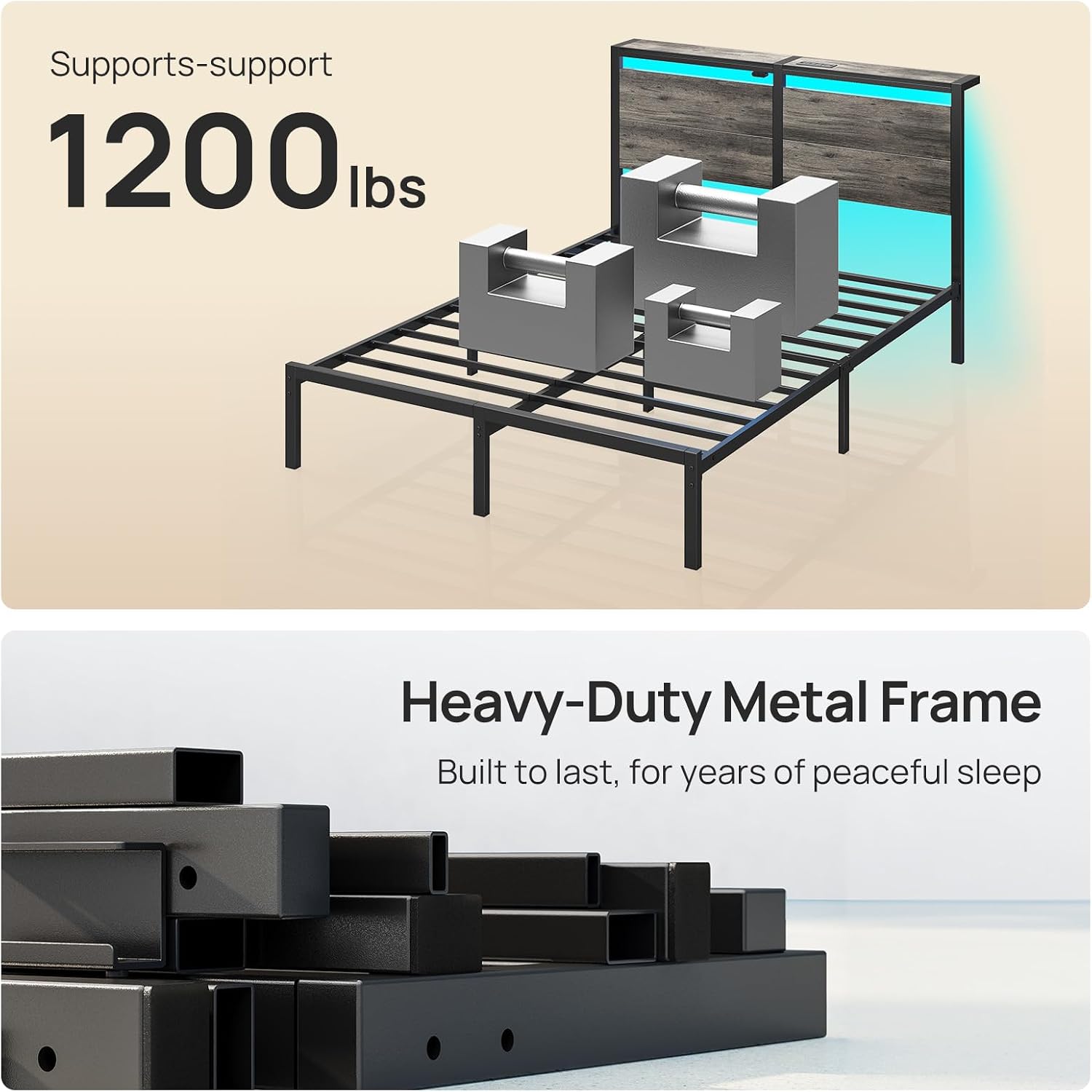 Woman holding a screwdriver with bed frame parts laid out, indicating 30-minute assembly