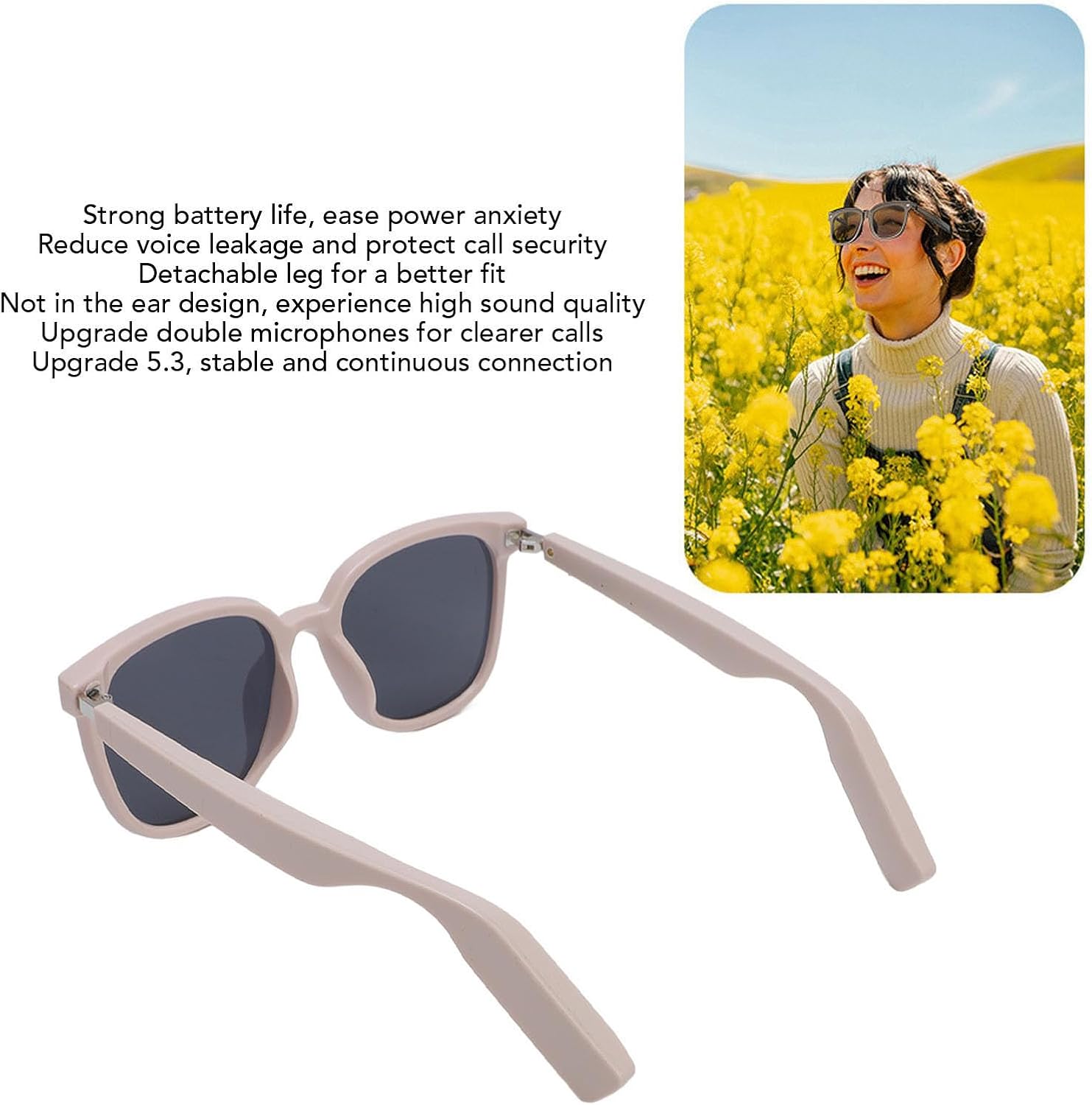 Bluetooth Audio Smart Glasses, Polarized Sunglasses for Women, HiFi Noise Reduction Mic, Open Ear Clear Sound Headphone Glasses for Outdoor Driving, Light Roseate