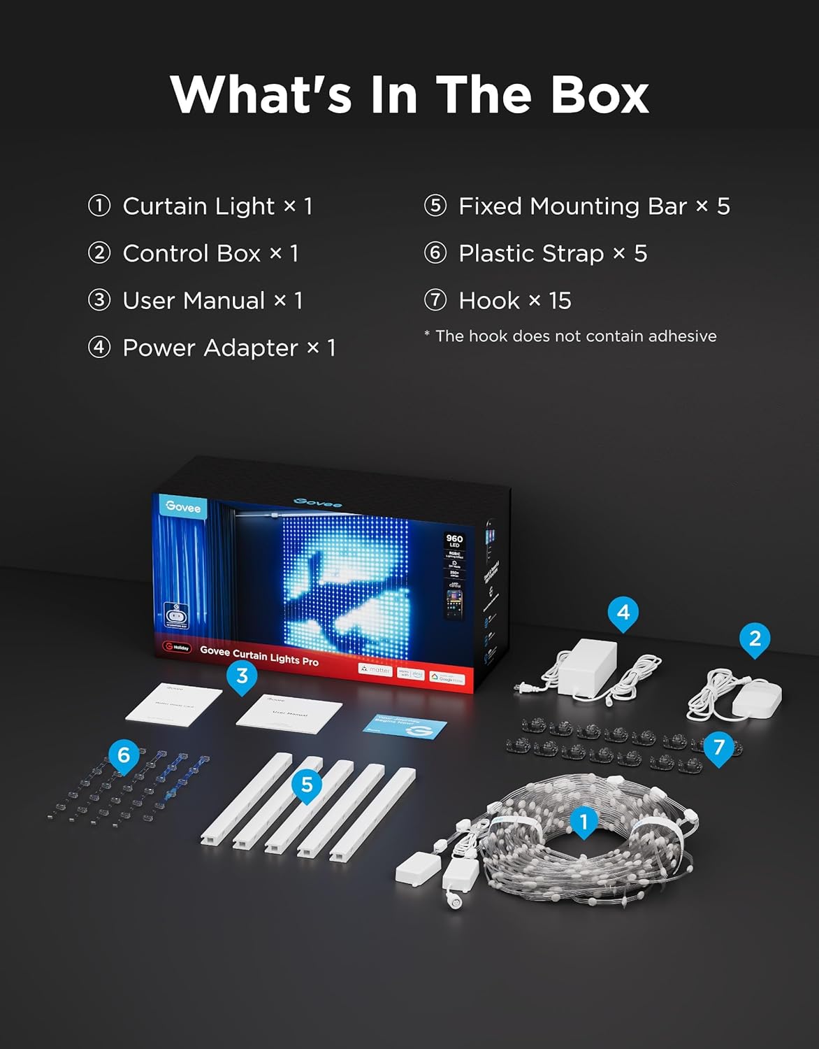 All components of the Govee Curtain Lights Pro laid out on a dark surface