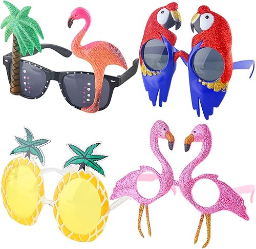 POPLAY 4 pares de gafas de sol Luau para fiesta, divertidas gafas de sol tropicales hawaianas, flamenco, coco, piña, guacamayo, playa, accesorios