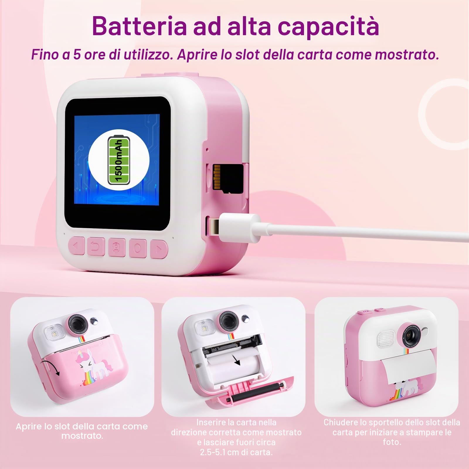 Macchina Fotografica Bambini Istantanea, 2,4 Pollici 1080P Fotocamera Bambini Selfie con Carta da Stampa e 32GB Scheda, Giocattolo Regalo di Natale Bambino e Bambina 3 4 5 6 7 8 Anni (Rosa)