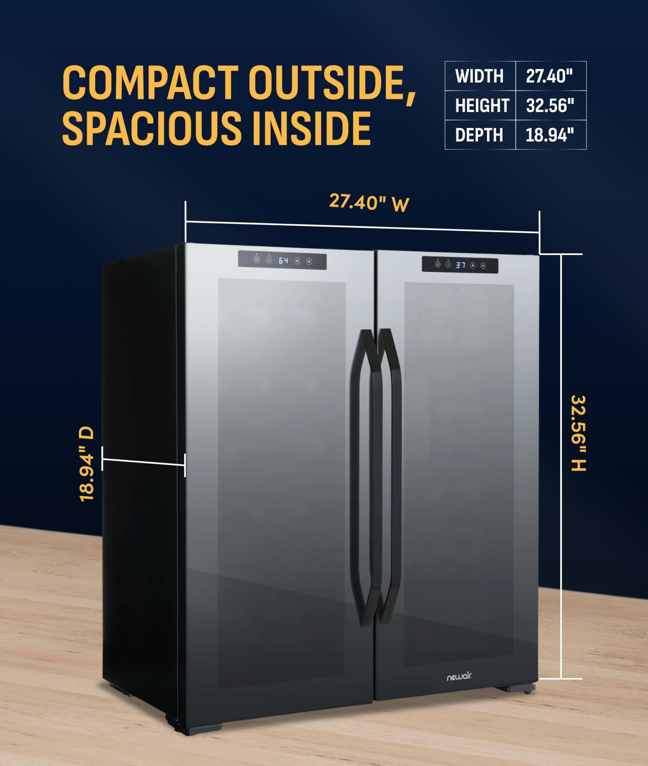 NewAir 27" Dual Zone Beverage Refrigerator & Wine Cooler For 18 Bottles & 59 Cans | Freestanding Or Built-In Under Counter Mini Fridge For Beer, Wine And Soda | Black on Fridge.com - View 5